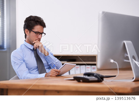 Businessman, thinking and information in notebook, contemplating ideas and notes in workplace. Male professional, planning and agenda for schedule or strategy, company journal and writing a solution Businessman, thinking and information in notebook, contemplating ideas and notes in workplace. Male professional, planning and agenda for schedule or strategy, company journal and writing a solution 139513676