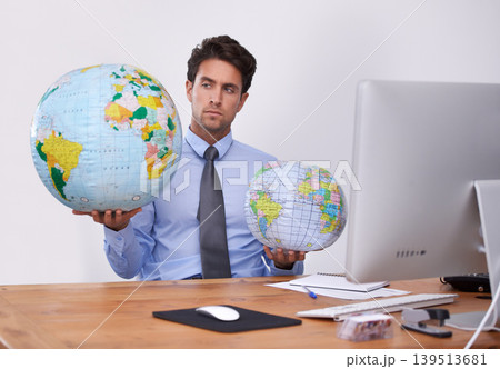 Travel, choice or businessman with globe, earth or worldwide destination for trip in office. Agent, computer or professional person with map of planet for geography, vacation or international journey Travel, choice or businessman with globe, earth or worldwide destination for trip in office. Agent, computer or professional person with map of planet for geography, vacation or international journey 139513681