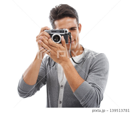 Man, photographer and camera in studio portrait for creative career, portfolio and shooting on a white background. Young professional person with photography, lens and equipment in a model POV Man, photographer and camera in studio portrait for creative career, portfolio and shooting on a white background. Young professional person with photography, lens and equipment in a model POV 139513781