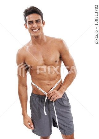 Happy man, portrait and tape measure in fitness for weight loss, diet or exercise against a white studio background. Handsome or muscular male person measuring waist for health and wellness on mockup Happy man, portrait and tape measure in fitness for weight loss, diet or exercise against a white studio background. Handsome or muscular male person measuring waist for health and wellness on mockup 139513782