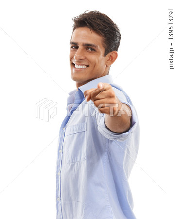 Portrait, man or pointing to you in studio for choice, decision or vote for winner on white background. Happy model show finger for recruitment, hiring emoji or invitation to join us for volunteering 139513791
