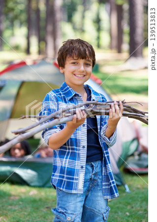 Wood, camping or portrait of child in nature for playing, adventure or holiday vacation in park. Relax, confidence or happy male kid with smile in woods, garden or forest for fun hiking or wellness 139513813