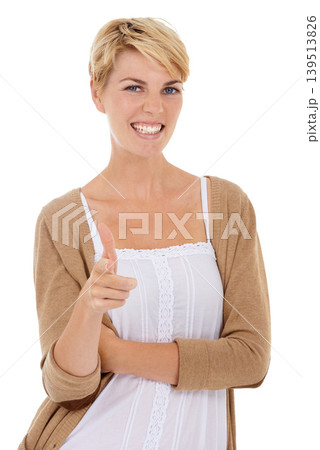 Happy woman, portrait and pointing to you for selection, choice or decision on a white studio background. Face of young female person, model or blonde with target finger for good job, ok or spot on Happy woman, portrait and pointing to you for selection, choice or decision on a white studio background. Face of young female person, model or blonde with target finger for good job, ok or spot on 139513826
