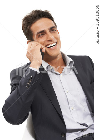 Business man, phone call and communication, networking and connectivity with smile on white background. Corporate contact, chat or talk for deal negotiation, happy professional in studio for advice Business man, phone call and communication, networking and connectivity with smile on white background. Corporate contact, chat or talk for deal negotiation, happy professional in studio for advice 139513856