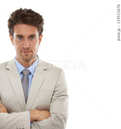 Crossed arms, fashion and portrait of businessman in studio with elegant, fancy and stylish suit. Smile, confidence and handsome male person with luxury outfit for style isolated by white background. Crossed arms, fashion and portrait of businessman in studio with elegant, fancy and stylish suit. Smile, confidence and handsome male person with luxury outfit for style isolated by white background. 139513876