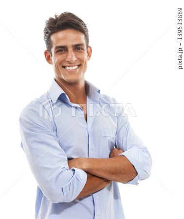 Businessman, portrait and happy in studio with arms crossed for corporate startup or leadership. Entrepreneur, person and face with confidence, pride and professional for career on white background 139513889