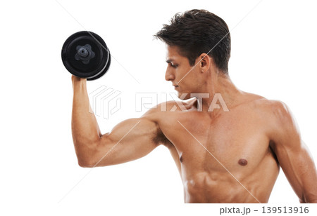 Man, dumbbell and workout in studio for fitness, wellness and healthy body with exercise or training. Person, athlete or physical activity for muscles, bicep and shirtless on white background for abs Man, dumbbell and workout in studio for fitness, wellness and healthy body with exercise or training. Person, athlete or physical activity for muscles, bicep and shirtless on white background for abs 139513916