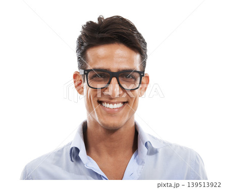 Businessman, portrait and happy in studio for career, business casual and confident for corporate work. Entrepreneur, person and face with smile, glasses and pride for startup on white background 139513922