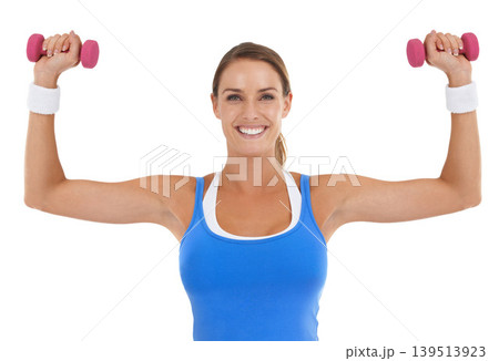 Weights, fitness and portrait of woman in a studio for arm strength workout, training or exercise. Smile, sports and young female athlete with dumbbell equipment for muscle health by white background Weights, fitness and portrait of woman in a studio for arm strength workout, training or exercise. Smile, sports and young female athlete with dumbbell equipment for muscle health by white background 139513923