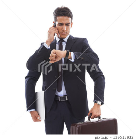 Business man, many arms and studio with multitasking, check watch and phone call by white background. Lawyer, attorney or advocate with bag, laptop and smartphone with time management with thinking Business man, many arms and studio with multitasking, check watch and phone call by white background. Lawyer, attorney or advocate with bag, laptop and smartphone with time management with thinking 139513932