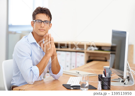 Web design, portrait or employee with computer in office with technology for project or solution. IT support, business or serious man programming with glasses or research online at workplace desk Web design, portrait or employee with computer in office with technology for project or solution. IT support, business or serious man programming with glasses or research online at workplace desk 139513950