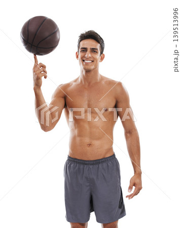 Man, portrait and basketball on finger ready for game, match or sports against a white studio background. Active male person or athlete smile with ball for fitness, skill or style on mockup space 139513996
