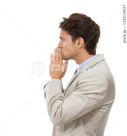 Thinking, idea and young businessman in a studio with brainstorming, question or guess face. Decision, option and profile of professional male person with choice facial expression by white background 139514037