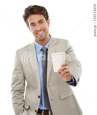 Businessman, portrait or happy in studio with coffee for morning takeaway, caffeine break or energy. Entrepreneur, corporate professional and face with confidence and beverage on white background 139514058