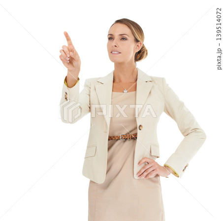 Businesswoman, air or finger for touch interface, system or login to internet access or digital future. Dashboard, studio or press gesture on virtual innovation, web technology on white background 139514072