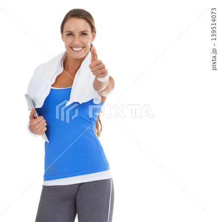 Happy woman, portrait and thumbs up for fitness, winning or good job on a white studio background. Active female person smile with like emoji, yes sign or towel and tablet on mockup space for success Happy woman, portrait and thumbs up for fitness, winning or good job on a white studio background. Active female person smile with like emoji, yes sign or towel and tablet on mockup space for success 139514073