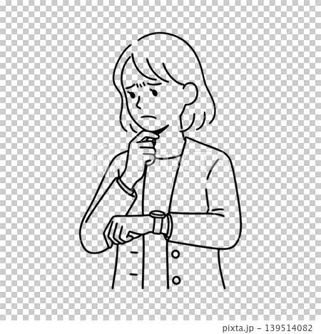 Line drawing illustration of a woman who is concerned about the time. Line drawing illustration of a woman who is concerned about the time. 139514082