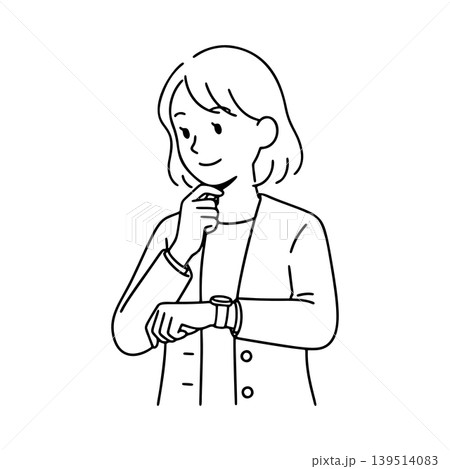 腕時計を確認する女性の線画イラスト 腕時計を確認する女性の線画イラスト 139514083