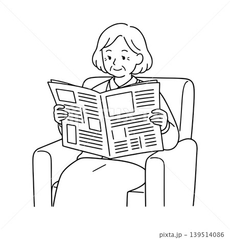 新聞を読むシニア女性の線画イラスト 新聞を読むシニア女性の線画イラスト 139514086
