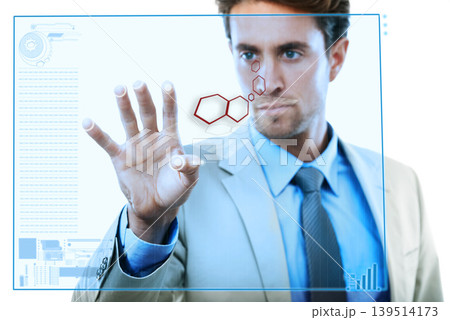 Businessman, screen and hologram with digital overlay for 3d information, futuristic technology or interface. Entrepreneur, person and face with biometric cyber, innovation and ux design system Businessman, screen and hologram with digital overlay for 3d information, futuristic technology or interface. Entrepreneur, person and face with biometric cyber, innovation and ux design system 139514173