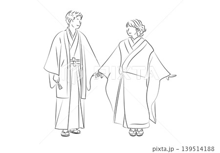 結婚式に参列するカップルの線画イラスト 結婚式に参列するカップルの線画イラスト 139514188