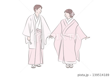 結婚式に参列するカップルの色付き線画イラスト 結婚式に参列するカップルの色付き線画イラスト 139514189