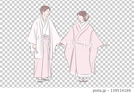 結婚式に参列するカップルの色付き線画イラスト 結婚式に参列するカップルの色付き線画イラスト 139514189