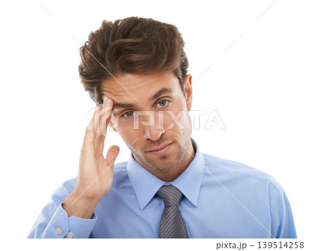 Business man, headache and stress in portrait, massage temple and serious crisis at law firm on white background. Burnout, overworked and pain from migraine, lawyer fail in case or mistake in studio 139514258