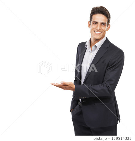 Business man, show presentation and mockup space with smile in portrait, advertising and communication in studio. Corporate opportunity, offer with information or announcement in studio for marketing 139514323