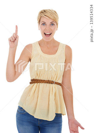 Happy woman, pointing up and surprise for idea, solution or answer on a white studio background. Portrait of young female person, model or blonde smile with finger for question, choice or decision Happy woman, pointing up and surprise for idea, solution or answer on a white studio background. Portrait of young female person, model or blonde smile with finger for question, choice or decision 139514334