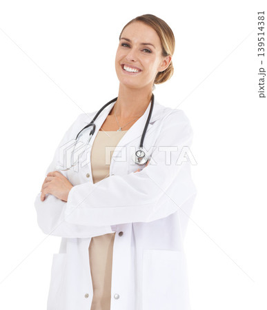 Doctor, woman and portrait with arms crossed for healthcare service, clinic and hospital career on a white background. Happy face of medical worker or person with professional health or job in studio Doctor, woman and portrait with arms crossed for healthcare service, clinic and hospital career on a white background. Happy face of medical worker or person with professional health or job in studio 139514381