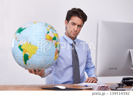 Travel, international or confused businessman with planet, earth or worldwide destination for trip in office. Agent, computer or professional person with map of planet for geography or journey choice Travel, international or confused businessman with planet, earth or worldwide destination for trip in office. Agent, computer or professional person with map of planet for geography or journey choice 139514392