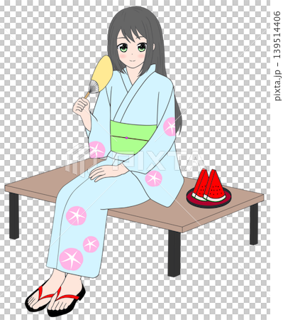 うちわを持って縁台に座る浴衣姿の女性 うちわを持って縁台に座る浴衣姿の女性 139514406