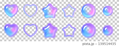 A set of 3D bubble-making parts in Y2K-style neon colors, featuring puffy hearts, stars, and circles. A set of 3D bubble-making parts in Y2K-style neon colors, featuring puffy hearts, stars, and circles. 139514435