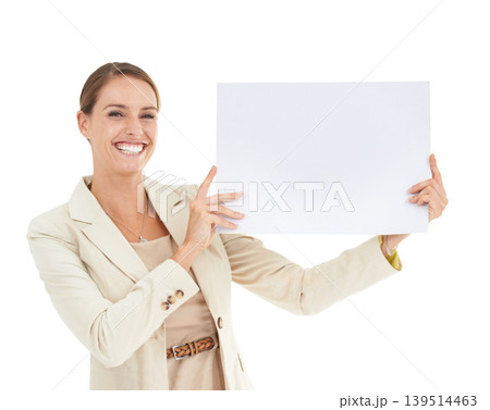 Business woman, poster mockup and studio presentation for advertising opportunity, news or information. Portrait of professional or face of happy person with paper space or sale on a white background 139514463