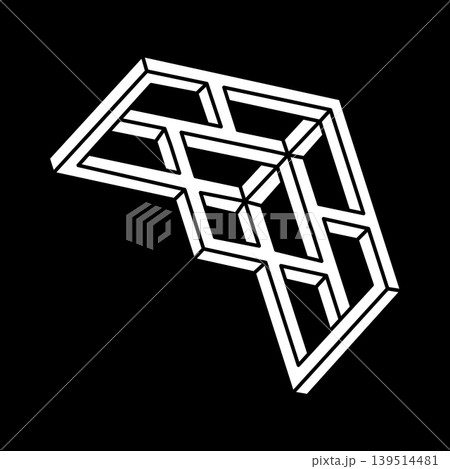 Impossible shapes. Sacred geometry. Optical illusion. Abstract eternal geometric object. Impossible endless outline. Optical art. Impossible geometry symbol on a black background. Escher style. Impossible shapes. Sacred geometry. Optical illusion. Abstract eternal geometric object. Impossible endless outline. Optical art. Impossible geometry symbol on a black background. Escher style. 139514481