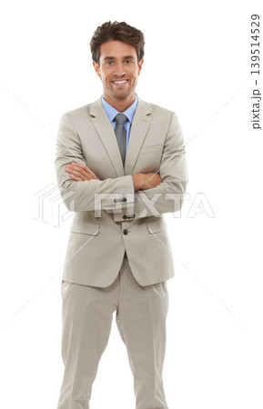 Portrait, smile and business man arms crossed in studio isolated on white background for professional career. Corporate, model and mindset with happy young employee in formal clothes for work or job Portrait, smile and business man arms crossed in studio isolated on white background for professional career. Corporate, model and mindset with happy young employee in formal clothes for work or job 139514529