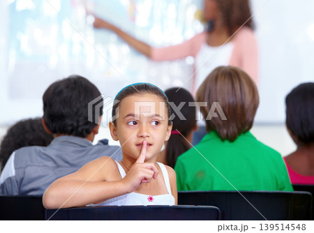 Hush sign, secret or child in classroom with mystery, gossip or fingers on mouth for quiet learning. Lips, news or girl student with whisper or shush gesture for rumor, drama or silence in school 139514548