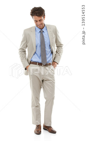 Confident, fashion and young businessman in studio with elegant, fancy and stylish suit. Smile, happy and full body of handsome male person with luxury outfit for style isolated by white background. 139514553