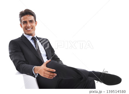 Businessman, chair and relaxing in portrait, studio and smiling for career pride by white background. Male professional, face and happy for job opportunity, entrepreneur and confident for startup Businessman, chair and relaxing in portrait, studio and smiling for career pride by white background. Male professional, face and happy for job opportunity, entrepreneur and confident for startup 139514580