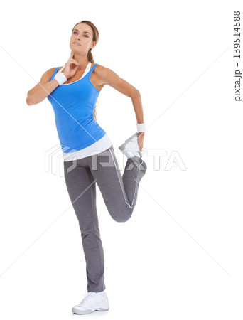 Fitness, pulse and woman stretching in studio for leg exercise, training or workout. Sports, health and young female person with muscle warm up for wellness activity isolated by white background. Fitness, pulse and woman stretching in studio for leg exercise, training or workout. Sports, health and young female person with muscle warm up for wellness activity isolated by white background. 139514588