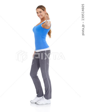 Happy woman, portrait and thumbs up for fitness, good job or winning on a white studio background. Active female person smile with like emoji, yes sign or OK in approval on mockup space for success Happy woman, portrait and thumbs up for fitness, good job or winning on a white studio background. Active female person smile with like emoji, yes sign or OK in approval on mockup space for success 139514605