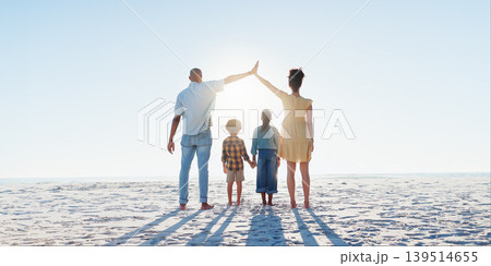 Back, high five or insurance with a family on the beach together for security, travel or vacation. Flare, safety or cover with a mother, father and children on the sand by the ocean or sea for trust 139514655