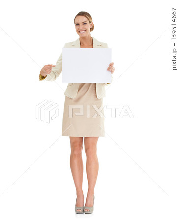 Business woman, poster mock up and presentation for advertising job opportunity, news or information in studio. Portrait of professional or HR person pointing to paper and space on a white background Business woman, poster mock up and presentation for advertising job opportunity, news or information in studio. Portrait of professional or HR person pointing to paper and space on a white background 139514667