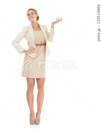 Hand, mockup space or portrait of happy businesswoman with presentation, offer or about us. White background, studio or advisor showing a sales discount, promotion announcement or investment news Hand, mockup space or portrait of happy businesswoman with presentation, offer or about us. White background, studio or advisor showing a sales discount, promotion announcement or investment news 139514668