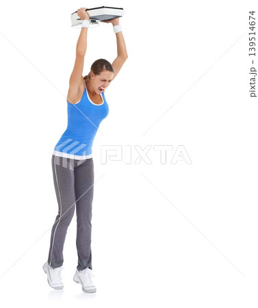 Angry woman, weight loss and throwing scale on ground isolated on a white studio background. Frustrated female person upset with body, disappointment or furious from diet or breakdown on mockup space Angry woman, weight loss and throwing scale on ground isolated on a white studio background. Frustrated female person upset with body, disappointment or furious from diet or breakdown on mockup space 139514674