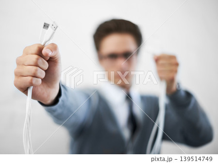 Person, cable plug and businessman in fashion, smiling and happy for connection, professional and employee..Technician, technical geek and ready as manager and stylish man in corporate wear Person, cable plug and businessman in fashion, smiling and happy for connection, professional and employee..Technician, technical geek and ready as manager and stylish man in corporate wear 139514749