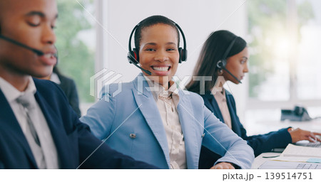 Happy black woman, portrait and headphones at call center for customer service or support at office. Face of African female person, consultant or agent smile with team for online advice in contact us Happy black woman, portrait and headphones at call center for customer service or support at office. Face of African female person, consultant or agent smile with team for online advice in contact us 139514751