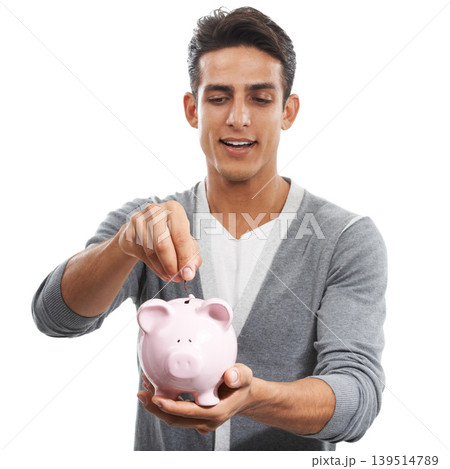 Man, piggy bank and coins of money in studio for investment, budget and finance on white background. Model, savings and investing cash in container for safety, financial freedom and growth of wealth Man, piggy bank and coins of money in studio for investment, budget and finance on white background. Model, savings and investing cash in container for safety, financial freedom and growth of wealth 139514789