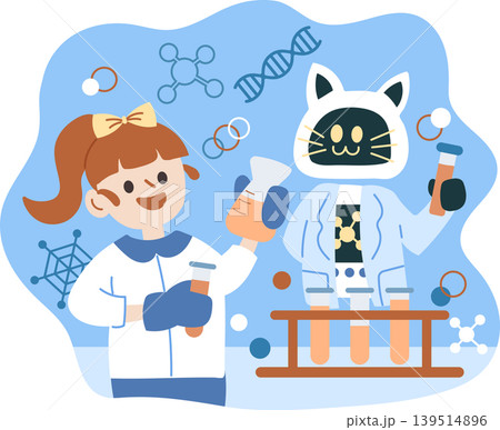 Cute AI cat robot helping girl with science chemistry experiment illustration. Cute AI cat robot helping girl with science chemistry experiment illustration. 139514896
